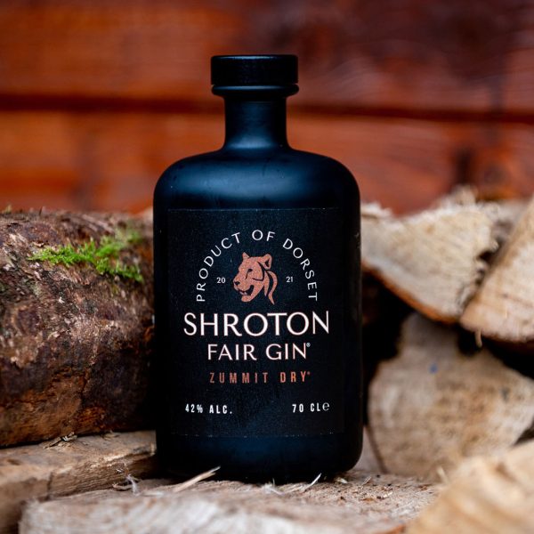 Shroton Fair Gin bottel on log